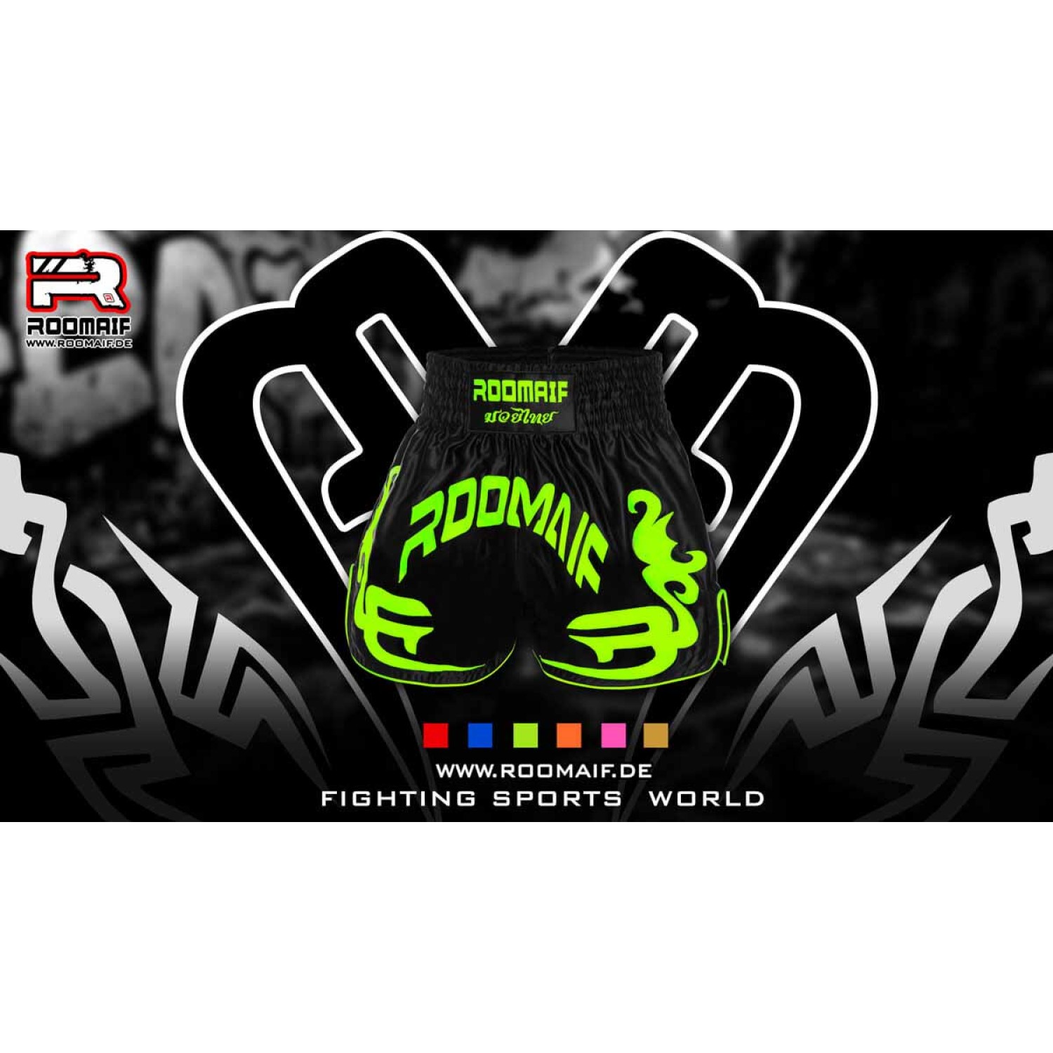 ROOMAIF RDIG MUAY THAI SHORTS FL.GREEN/BLACK