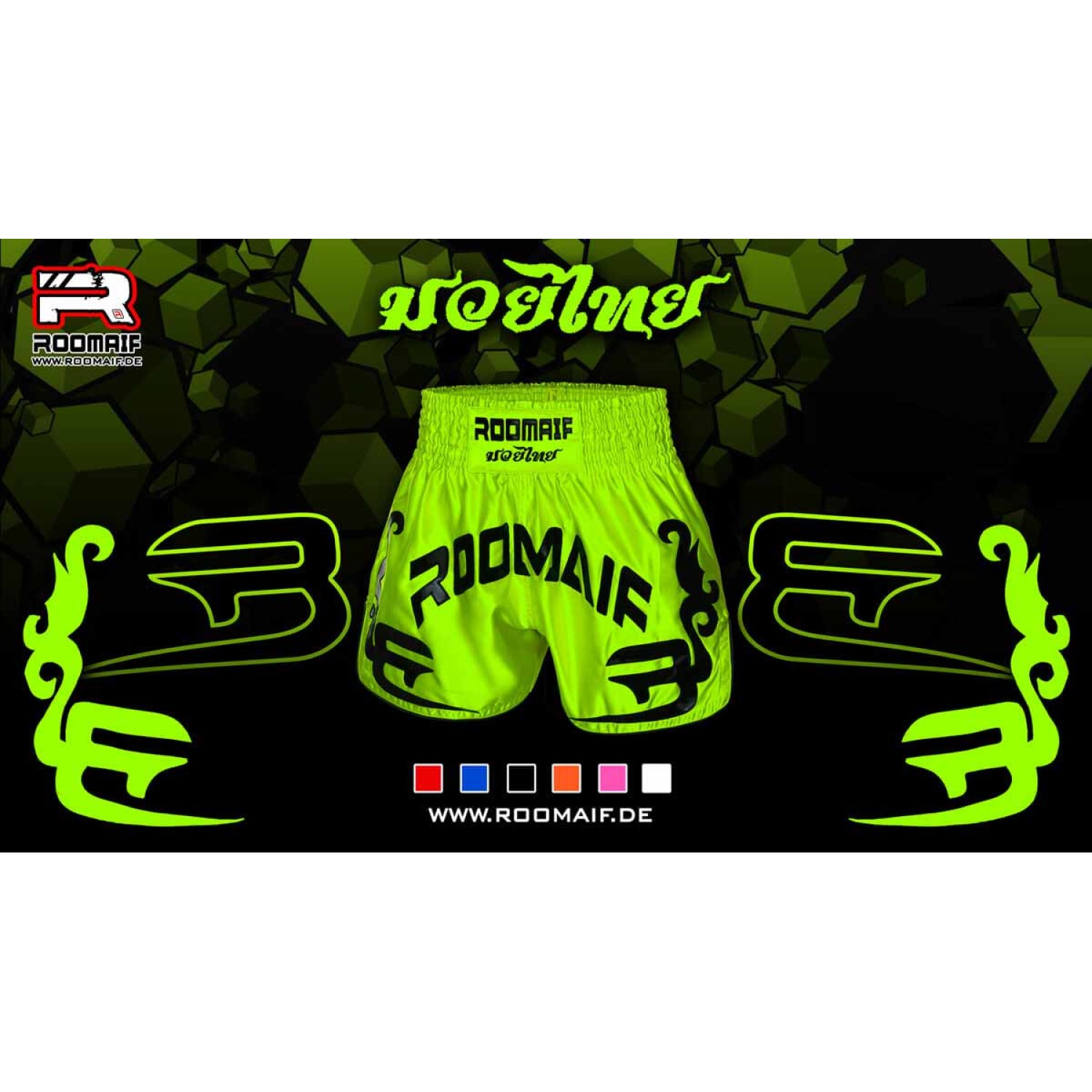 ROOMAIF RDIG MUAY THAI SHORTS FL.GREEN/BLACK