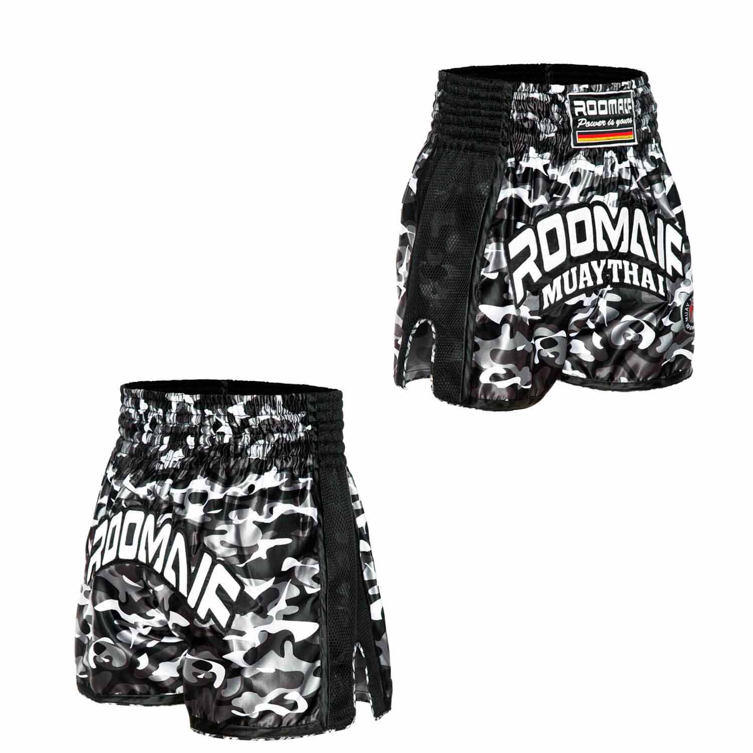ROOMAIF CAMO MUAY THAI SHORTS BLACK/WHITE